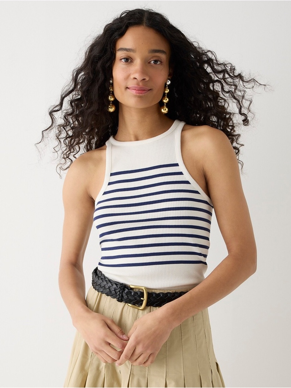 J. Crew Striped Vintage Rib Ribbed Halter Tank - Cream & Navy Large